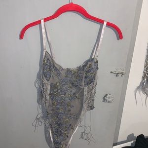 Sheer Embroidered Blue and Grey Bodysuit
